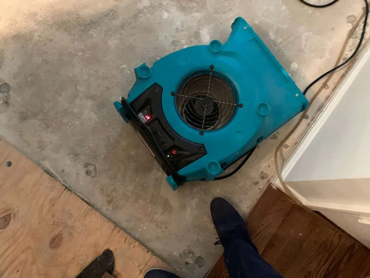 Air mover drying subfloor during Leak Detection & Repair in Summit
